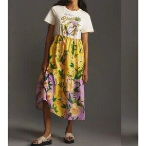 Farm Rio Tiered Tee Dress Anthropologie Mixed Poplin T-Shirt Yellow Floral XS